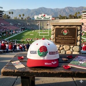 Vintage 1998 Rose Bowl Michigan vs Washington State Snapback Hat White Red